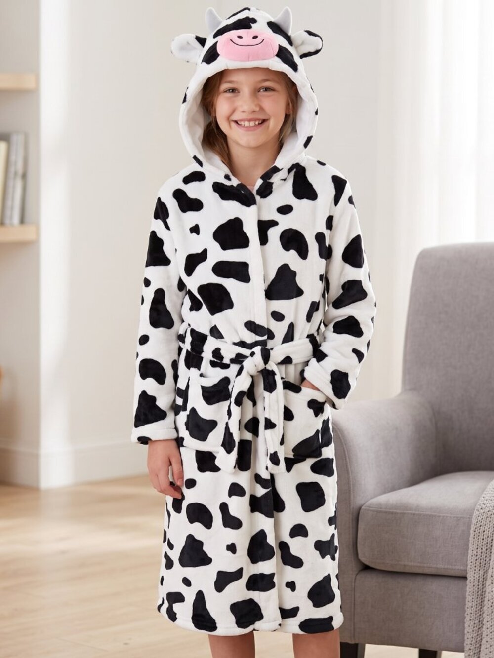 NWT | Cow Print Hooded Plush Fleece Robe Costume Belted | Kids 12-13